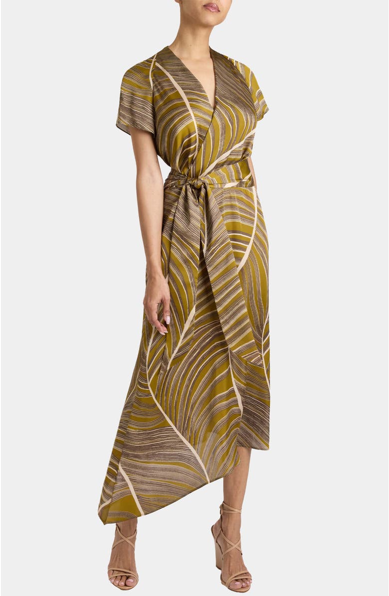 Santorelli HALEY Cap Sleeve Faux Wrap Hi Lo Midi Dress in Printed Charmeuse, Alternate, color, Coconut