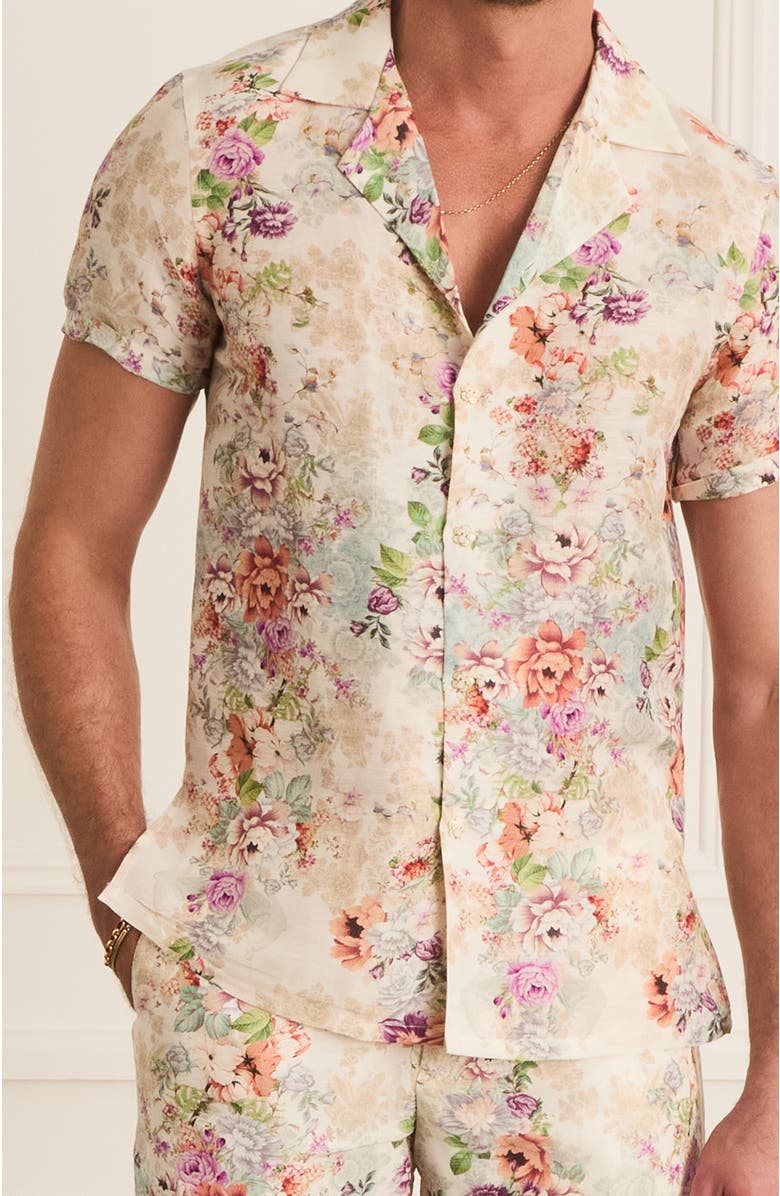 Aqua Blu Cascade Collar Jean Short Sleeve Shirt, Alternate, color, White Floral Print