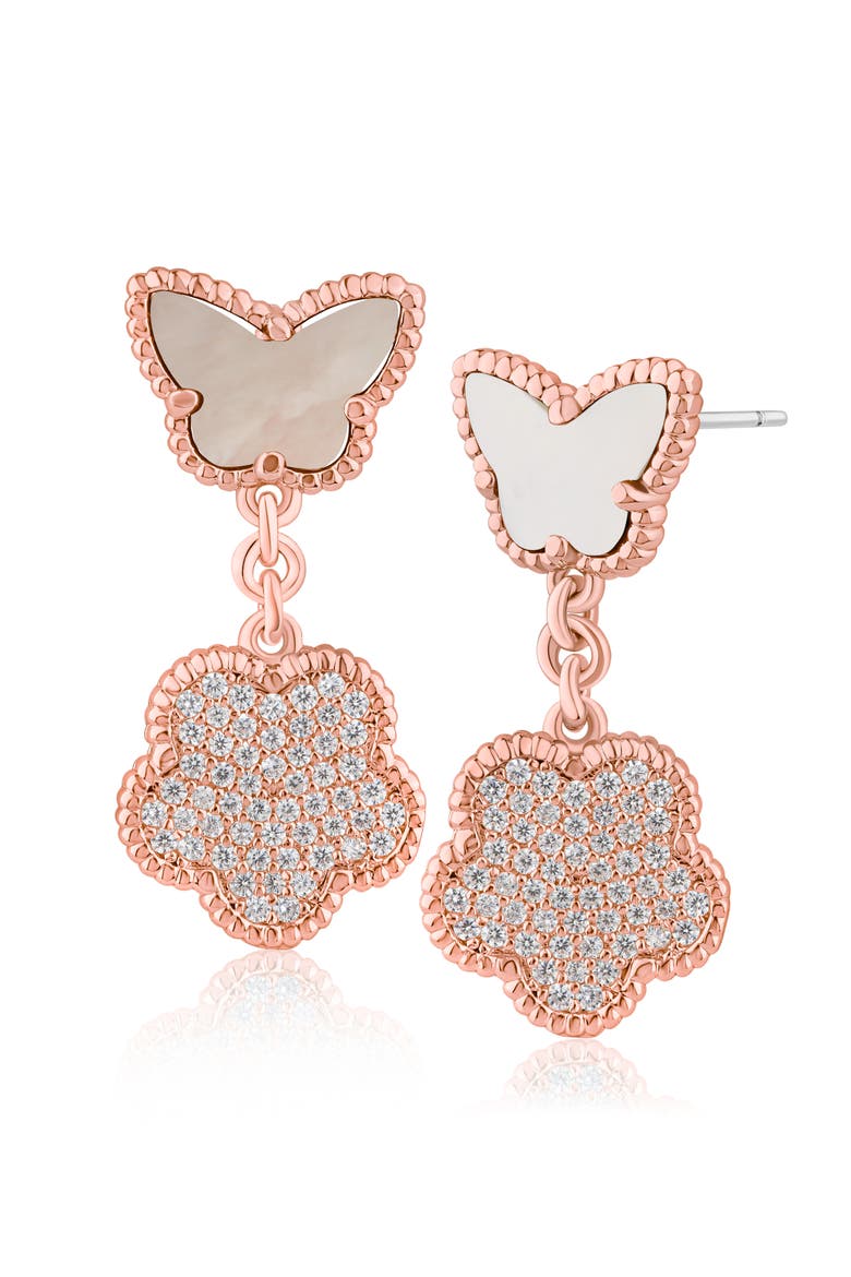 Butterfly & Pavé Cubic Zirconia Clover Drop Earrings, Main, color, MOP/ CLEAR ROSE GOLD