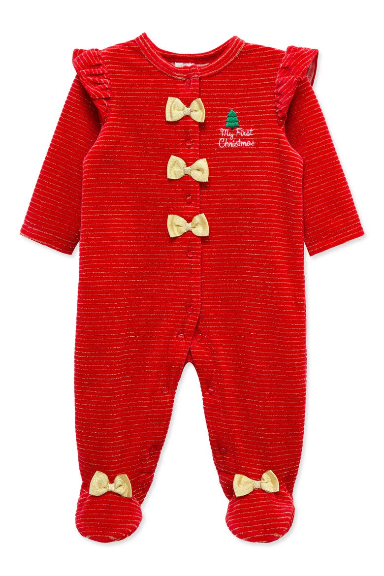 Festive Stripe Velour Footie, Main, color, RED