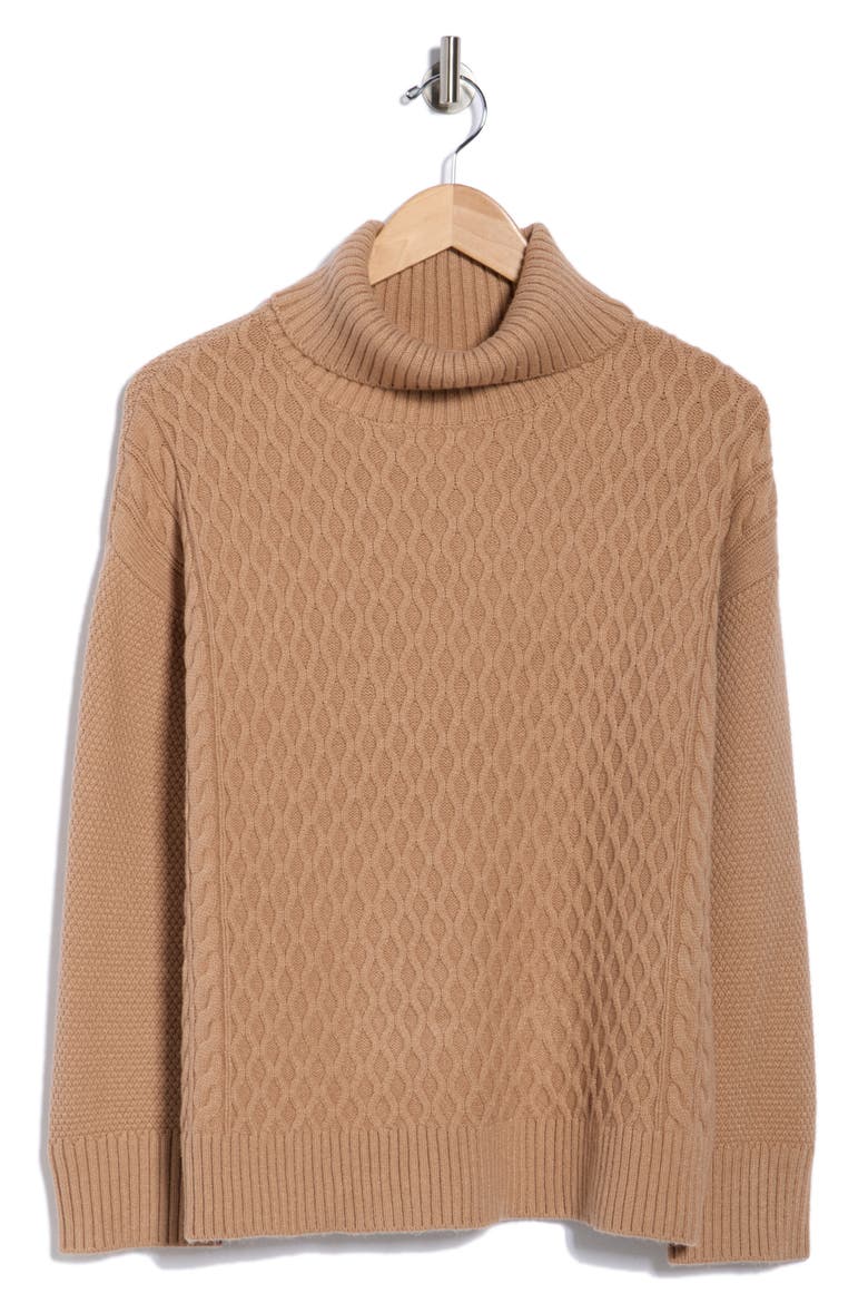 Mixed Cable Knit Turtleneck Sweater, Alternate, color, CAMEL BEIGE