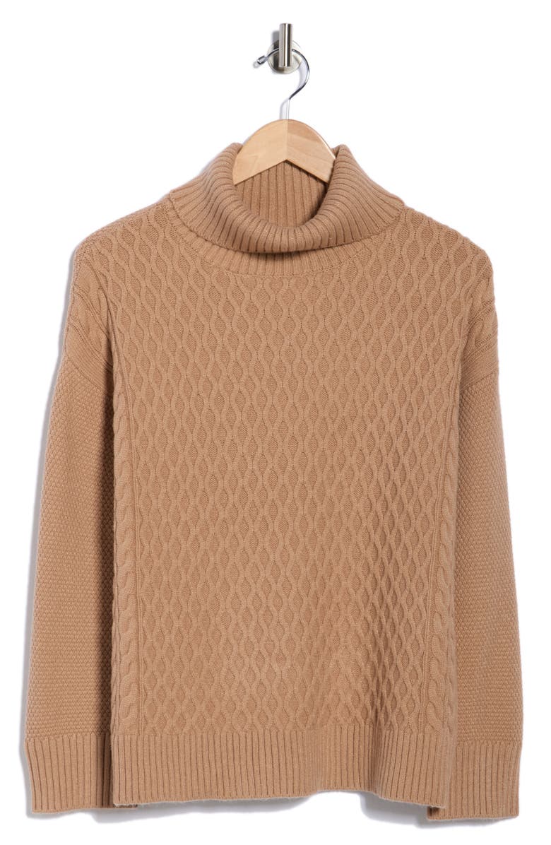 ELIE ELIE TAHARI Mixed Cable Knit Turtleneck Sweater, Alternate, color, Camel Beige