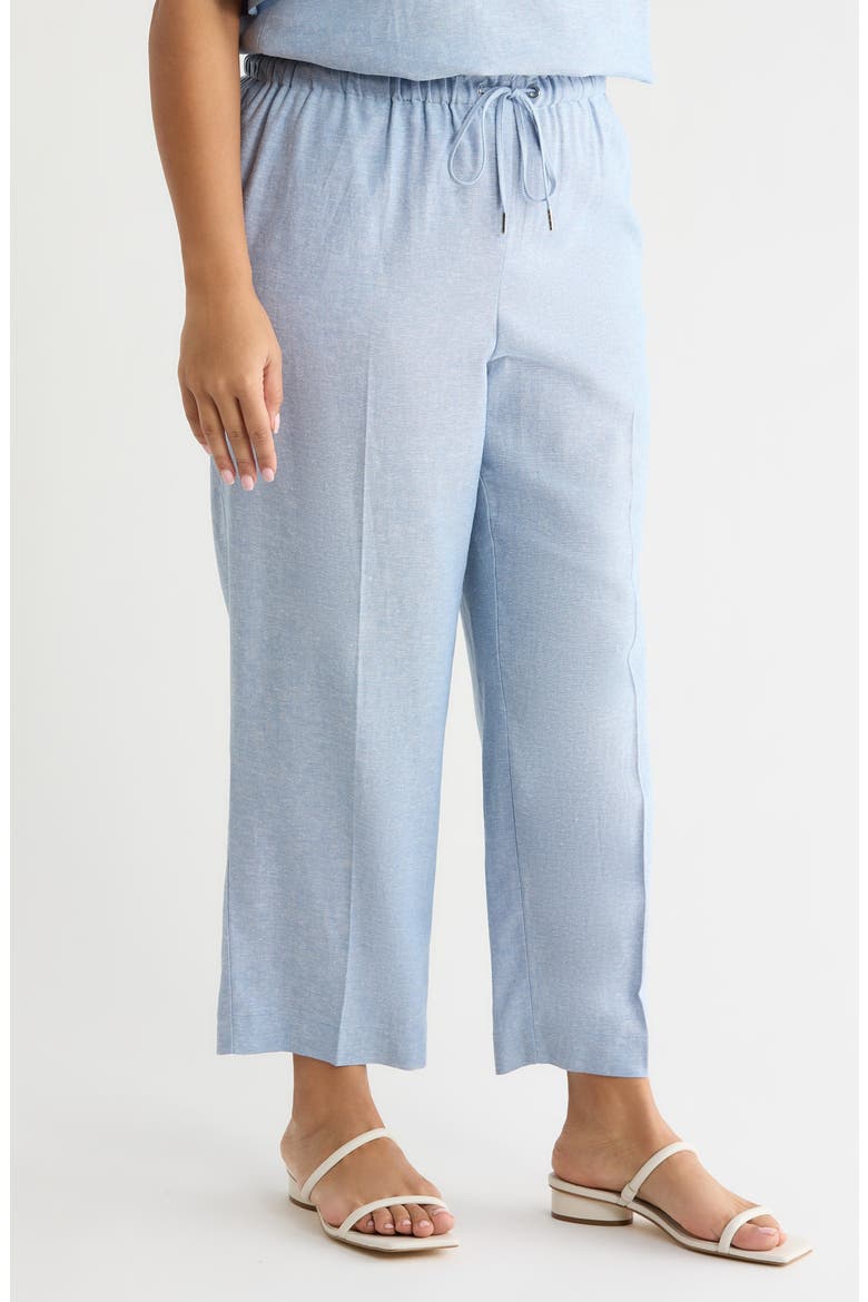 Crop Wide Leg Drawstring Linen Blend Pants, Alternate, color, LAGOON/ CRISP WHITE