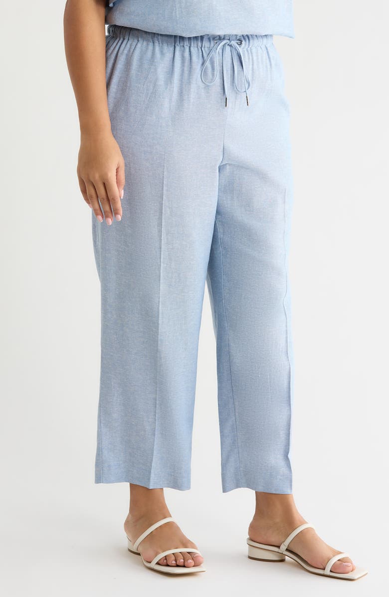 Anne Klein Crop Wide Leg Drawstring Linen Blend Pants, Alternate, color, Lagoon/ Crisp White