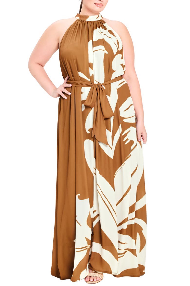 Printed Halter Maxi Dress, Main, color, BROWN