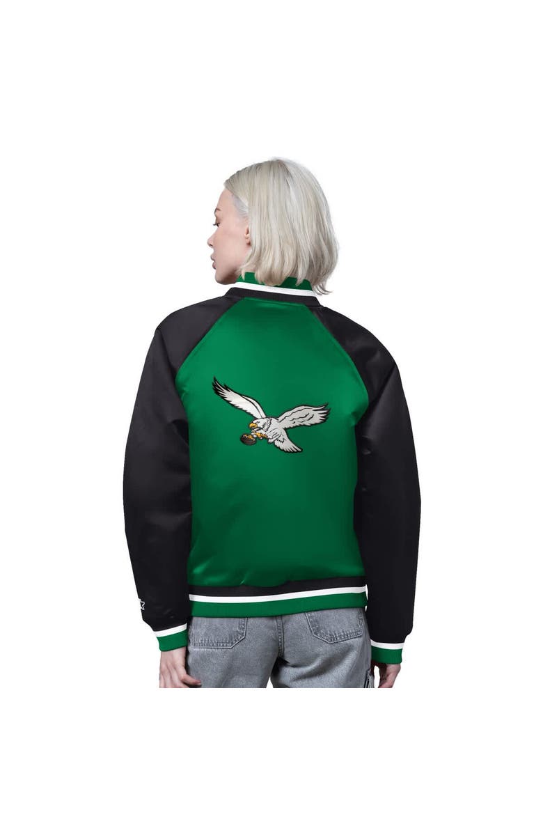 STARTER Women's Starter Kelly Green/Black Philadelphia Eagles Satin Full-Snap Vintage Varsity Jacket, Alternate, color, Kelly Green