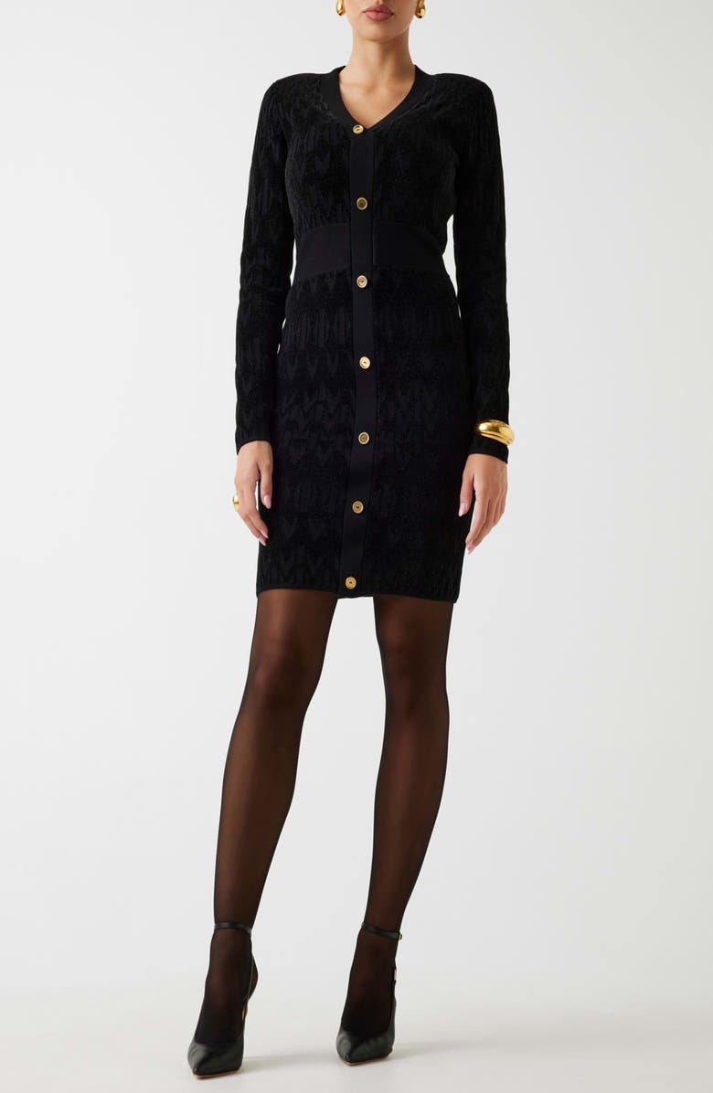 Marciano Adele Logo Jacquard Long Sleeve Chenille Sweater Dress, Main, color, Jblack-Black