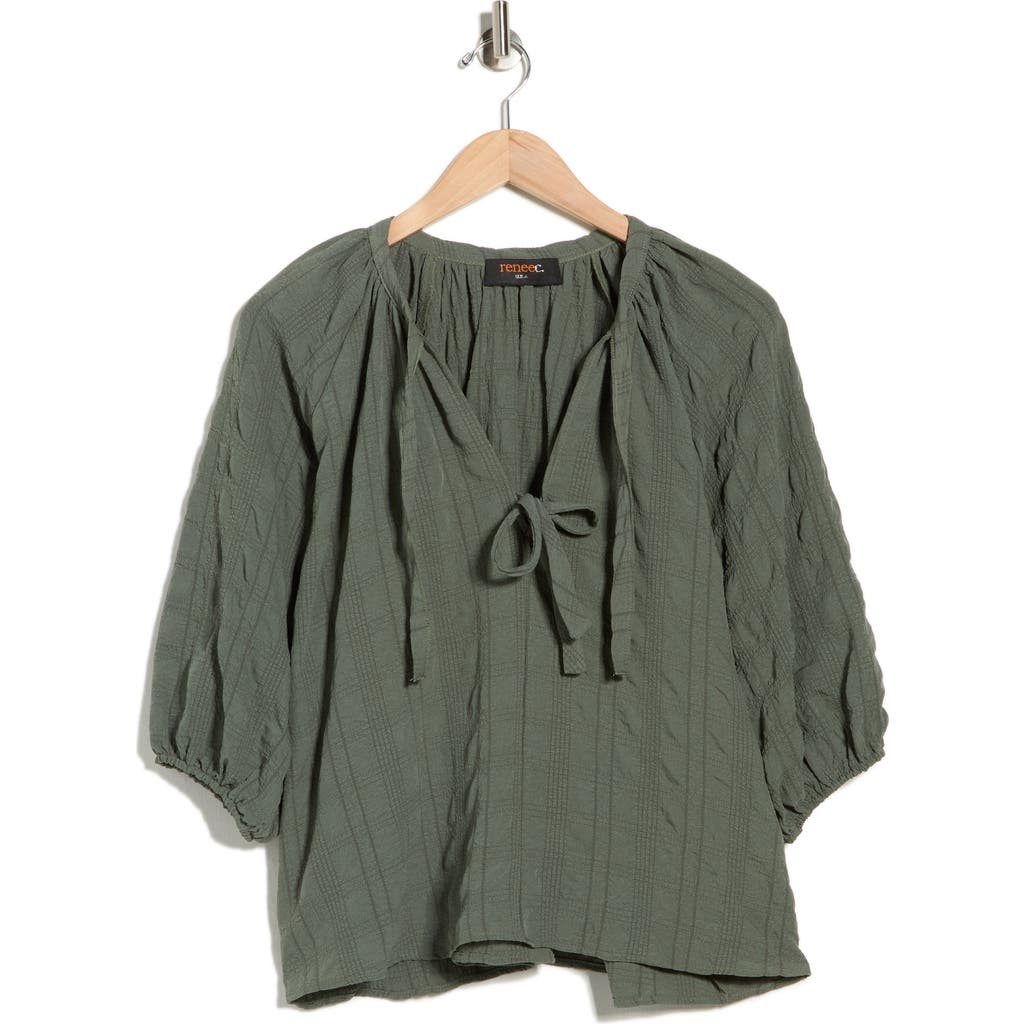 Renee C Tie Keyhole Puff Sleeve Top In Gray