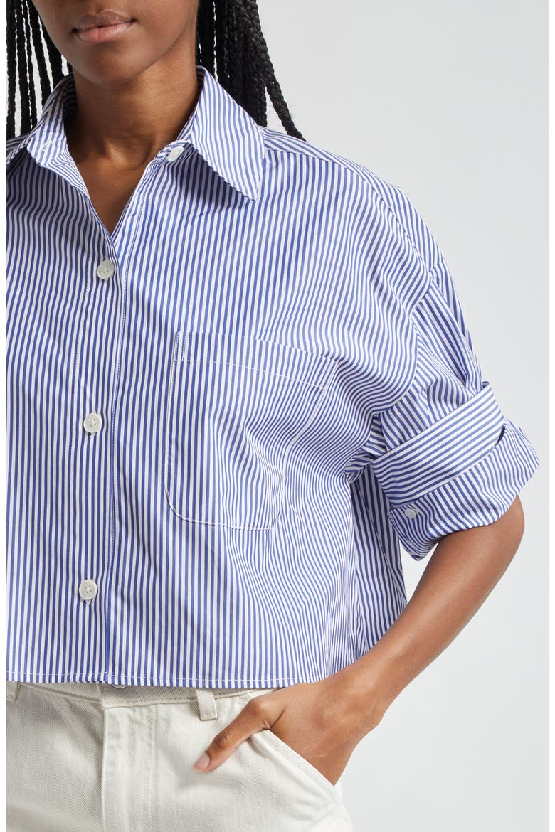 Next Ex Stripe Cotton Button-Up Crop Shirt, Alternate, color, WHITE / INDIGO