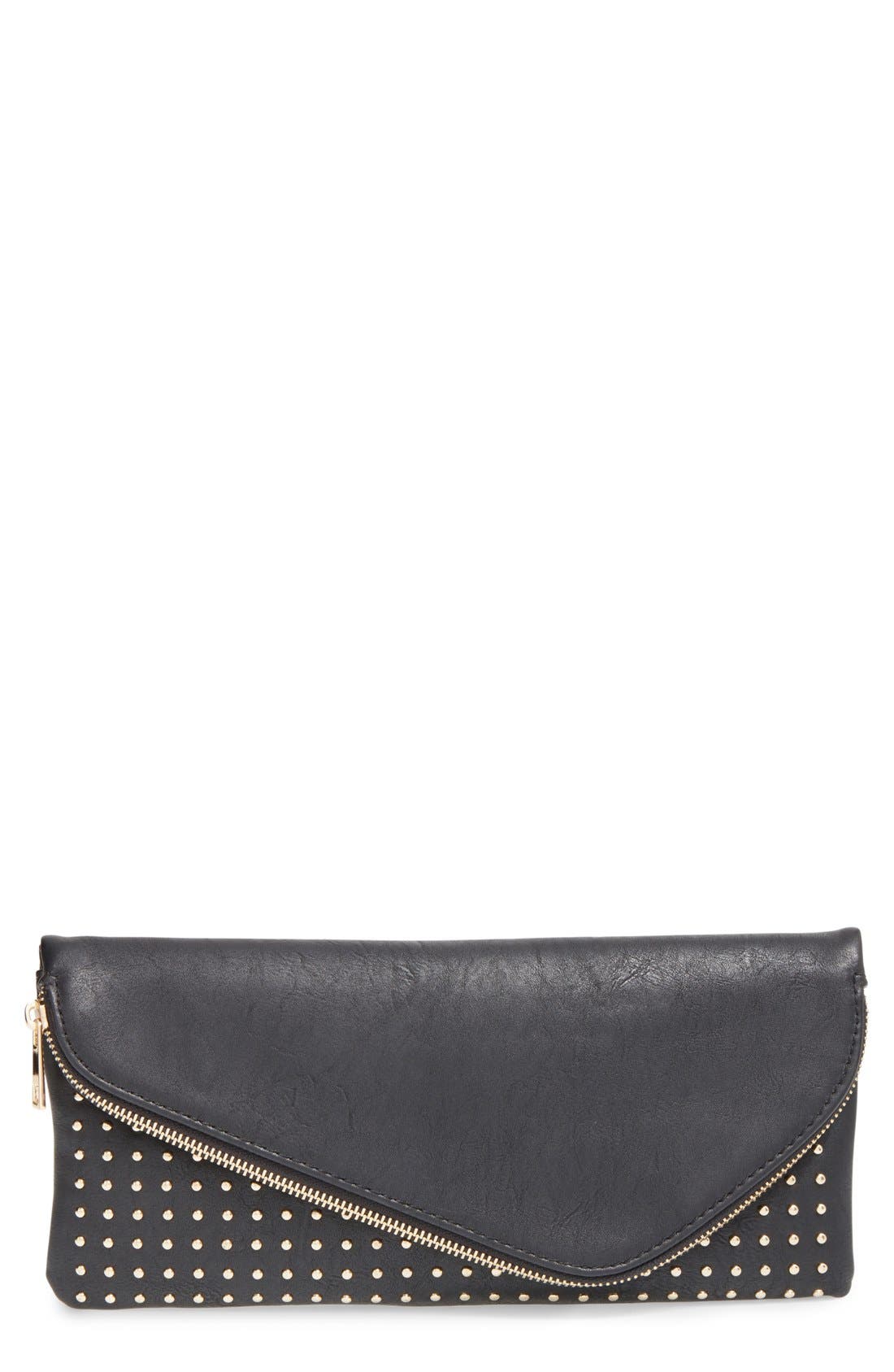'Gloria' Studded Faux Leather Foldover Clutch, Main, color, BLACK