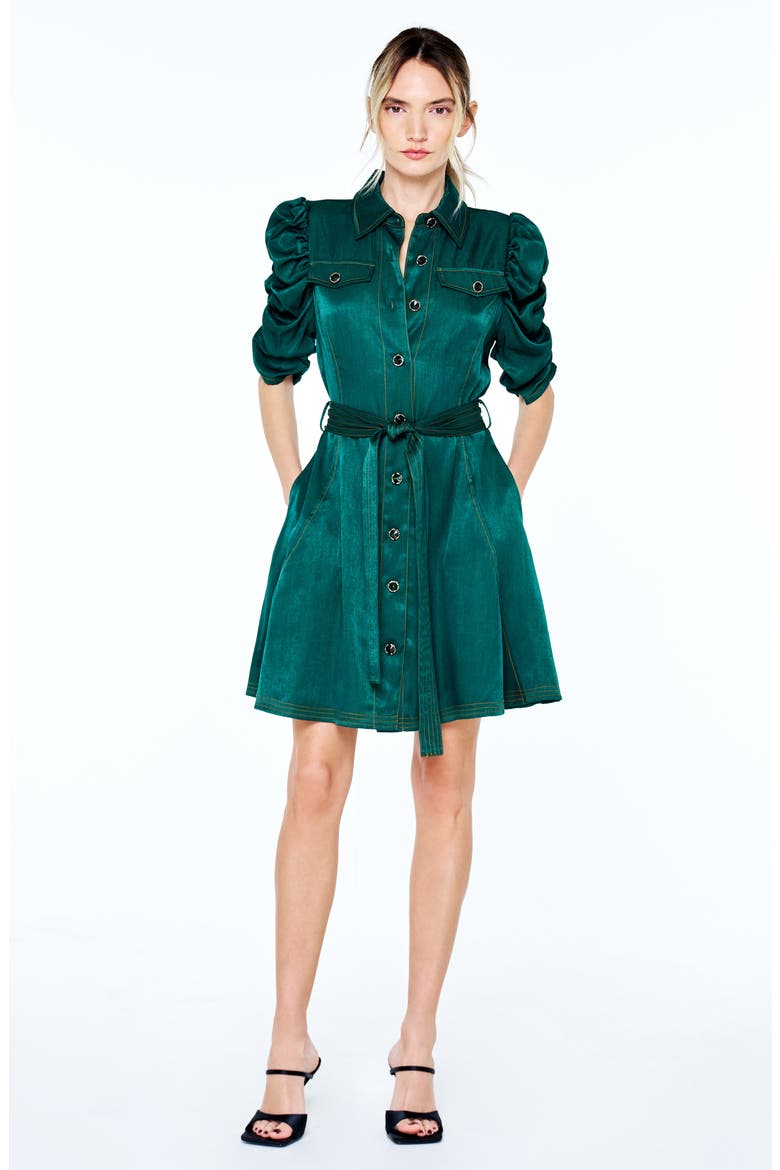 Bryce Puff Sleeve Tie Waist Dress, Alternate, color, EMERALD