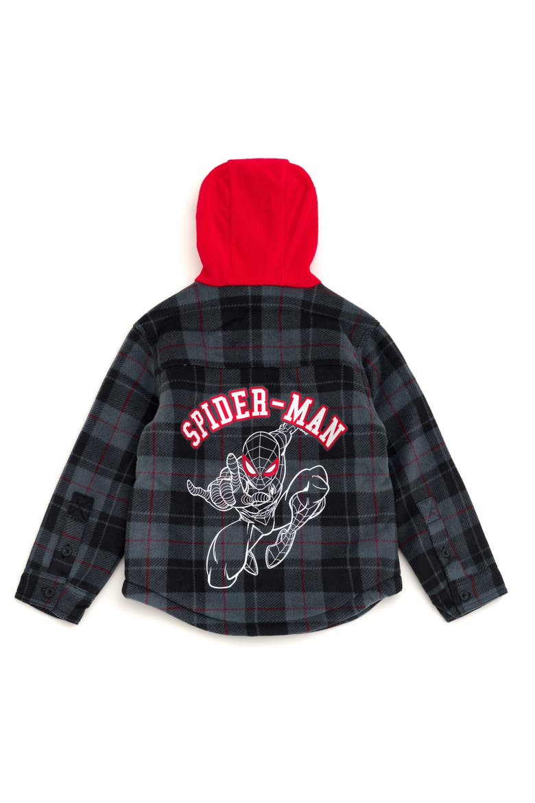 Spider-Man Fleece Hooded Shirt Jacket, Alternate, color, Black Red Spider Man