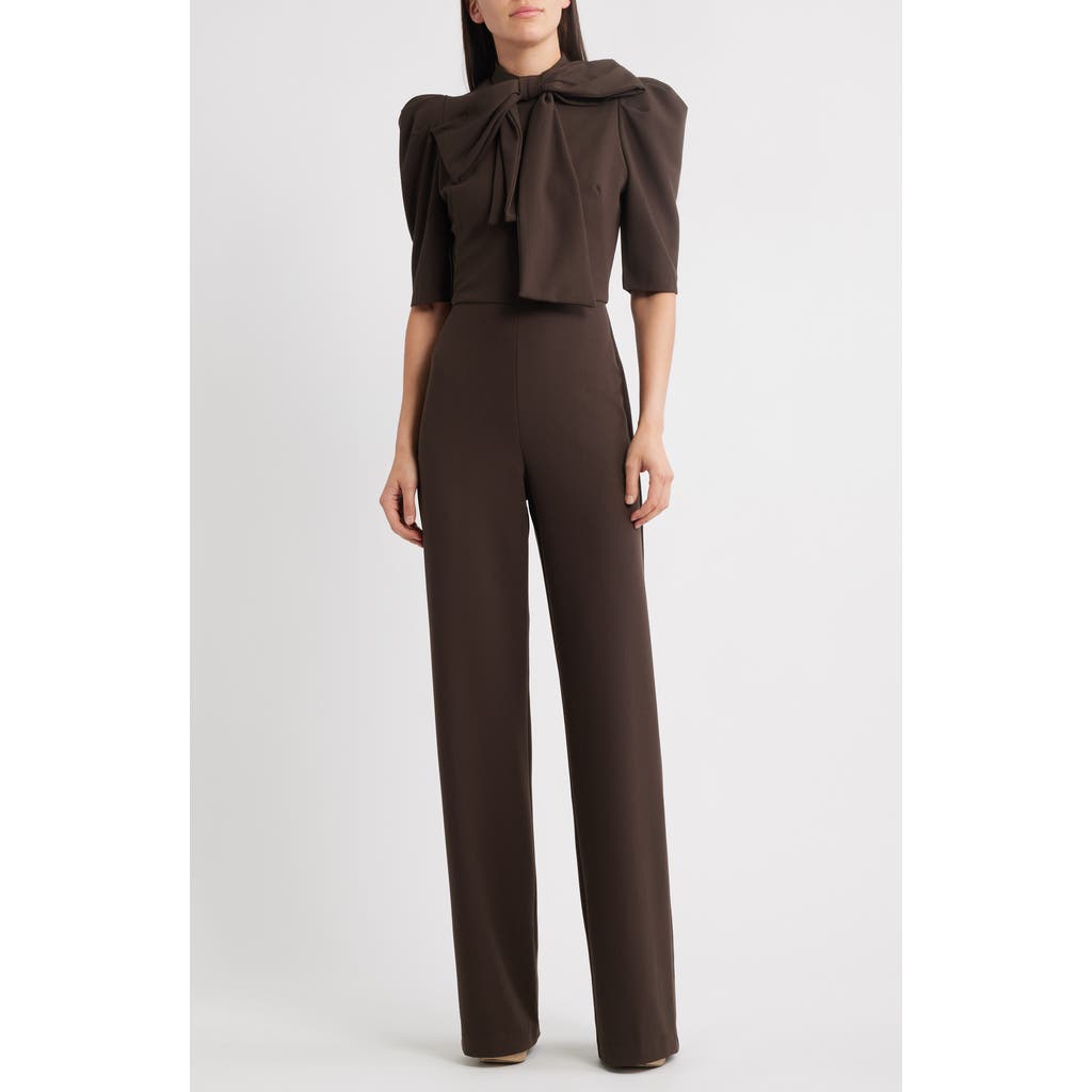 Black Halo Ara Tie Neck Puff Sleeve Jumpsuit In Brown