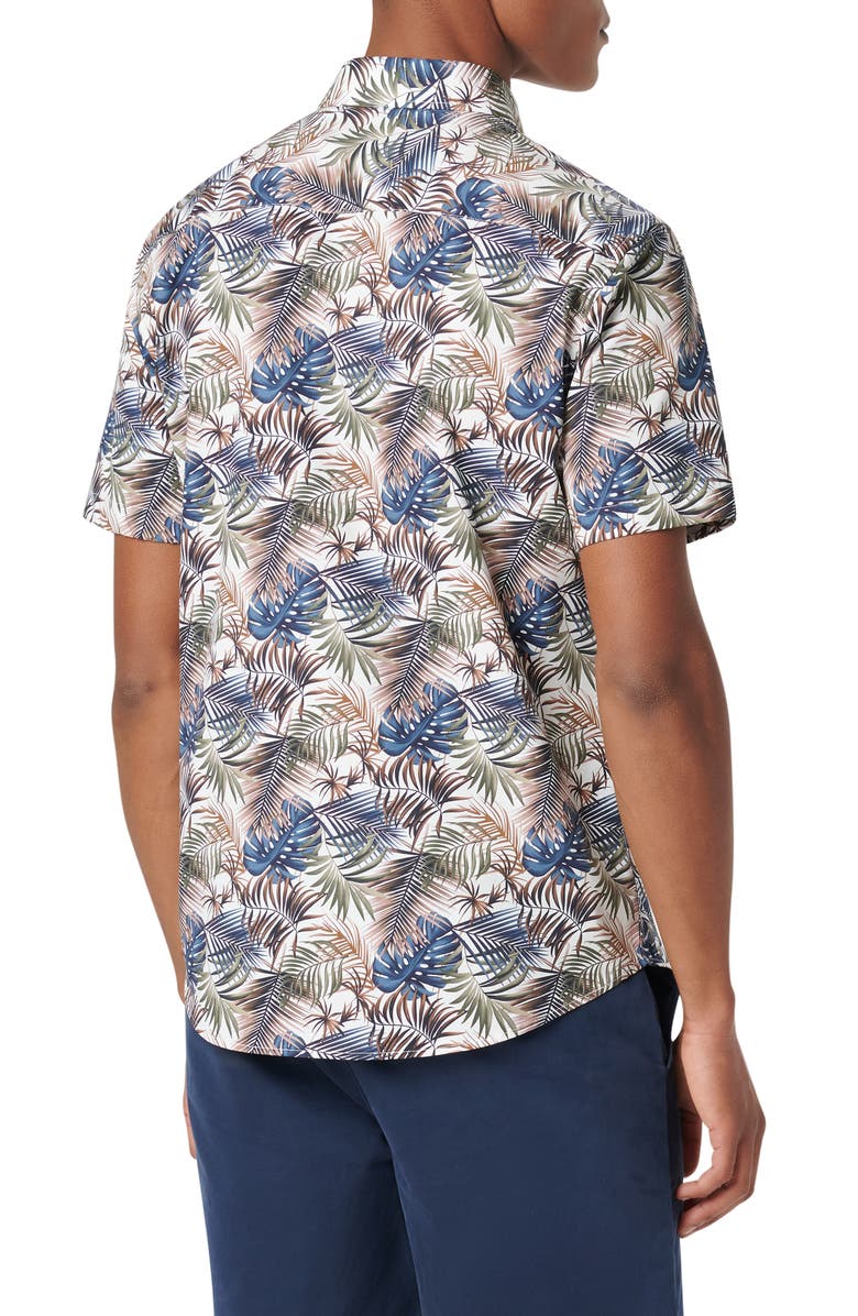 Bugatchi Orson Shaped Fit Frond Print Stretch Cotton Camp Shirt, Alternate, color, Khaki