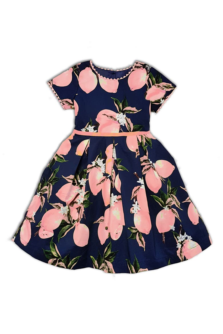Kids' Lemon Print Cotton Dress, Main, color, NAVY