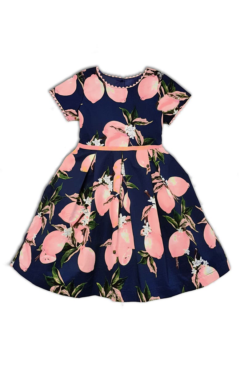 JOE-ELLA Kids' Lemon Print Cotton Dress, Main, color, Navy