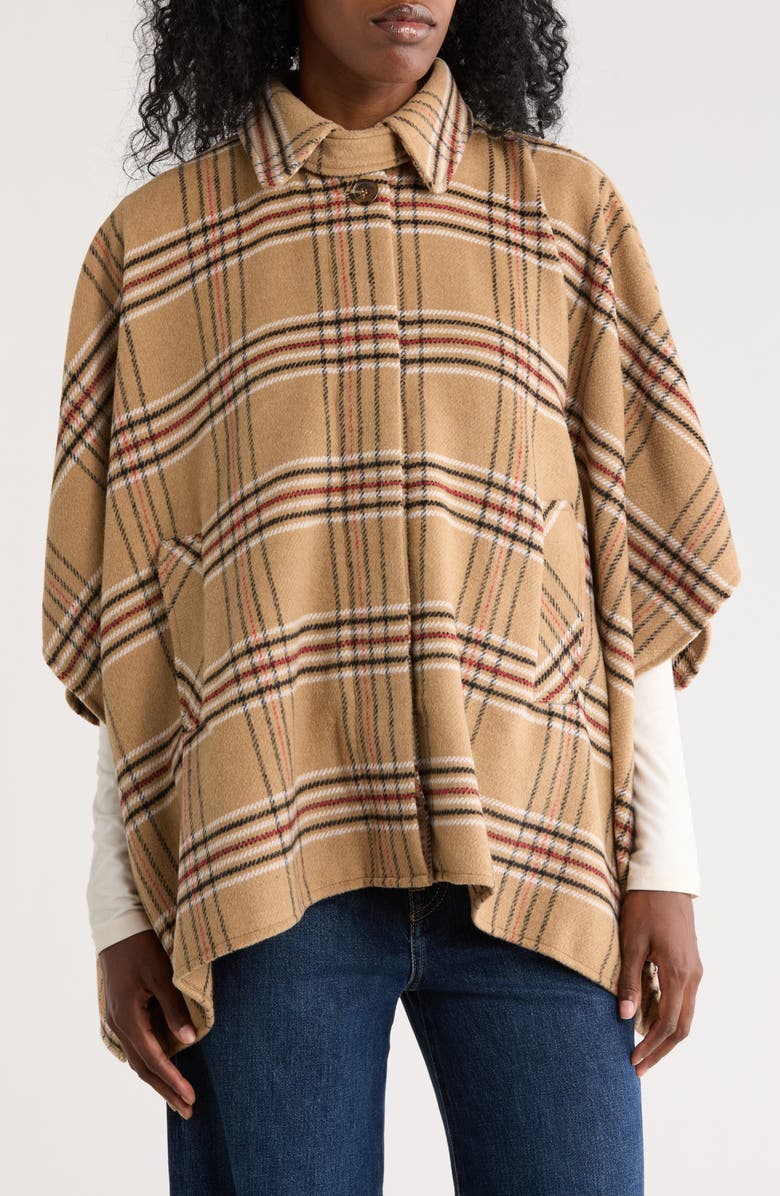 Ookie & Lala Faux Wool Plaid Cape, Main, color, Camel/ Black