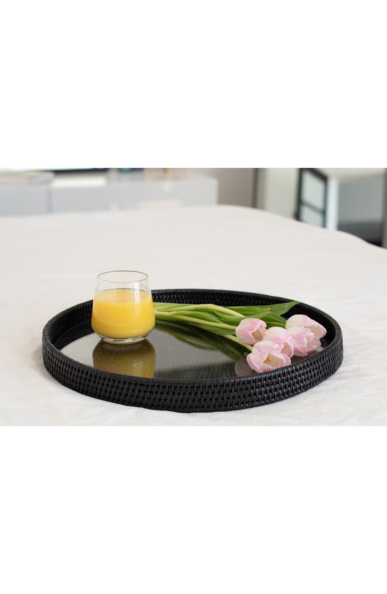 Artifacts Trading Company<sup>™</sup> Artifacts Rattan Round Serving-Ottoman Tray with Glass Insert, Alternate, color, Tudor Black