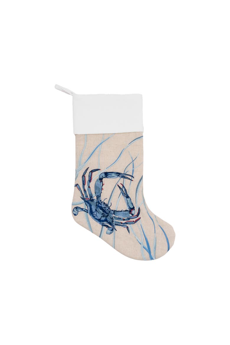 Blue Crab Embroidered Linen Christmas Stocking, Main, color, Blue