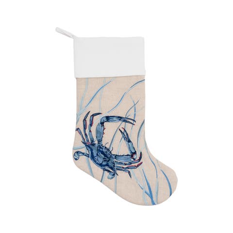 Blue Crab Embroidered Linen Christmas Stocking