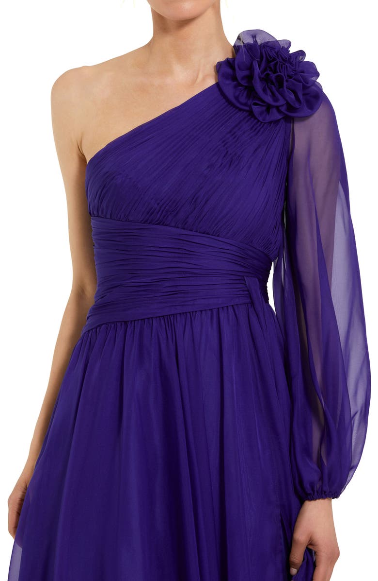 Mac Duggal One Sleeve Ruched Chiffon Gown With 3D Flower, Alternate, color, Indigo