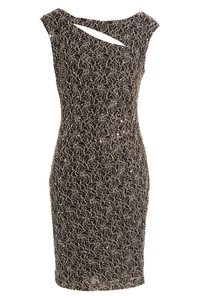 Cutout Stretch Lace Sheath Dress, Alternate, color, GOLD