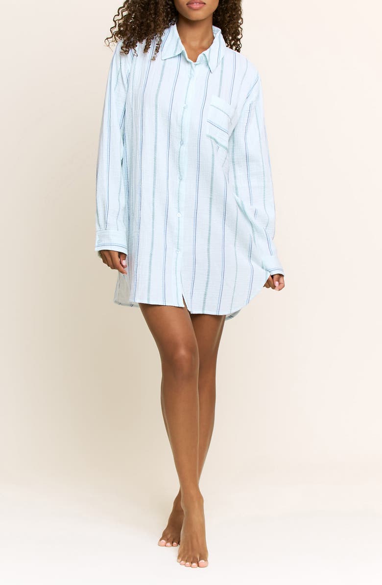Honeydew Long Weekend Cotton Shirtdress Nightgown, Main, color, Aqua Southwest Stripe