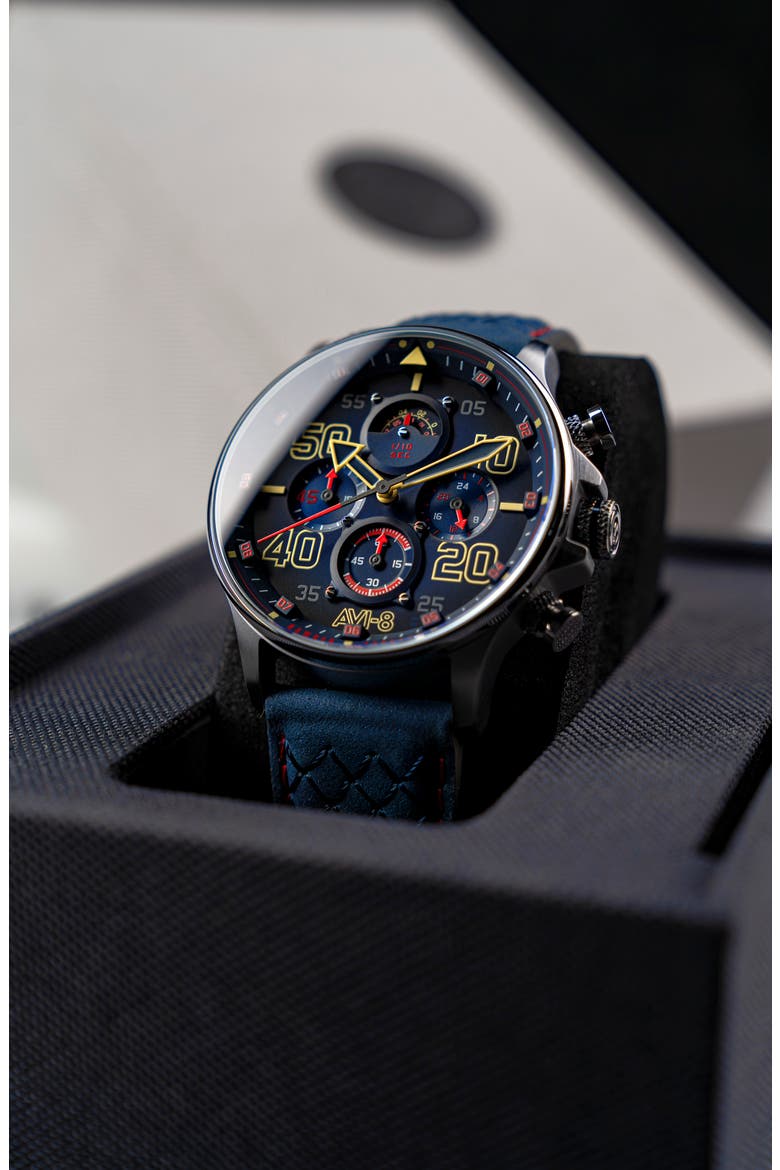 Hawker Typhoon Coningham Baldwin Chronograph Leather Strap Watch, 42mm, Alternate, color, BLUE