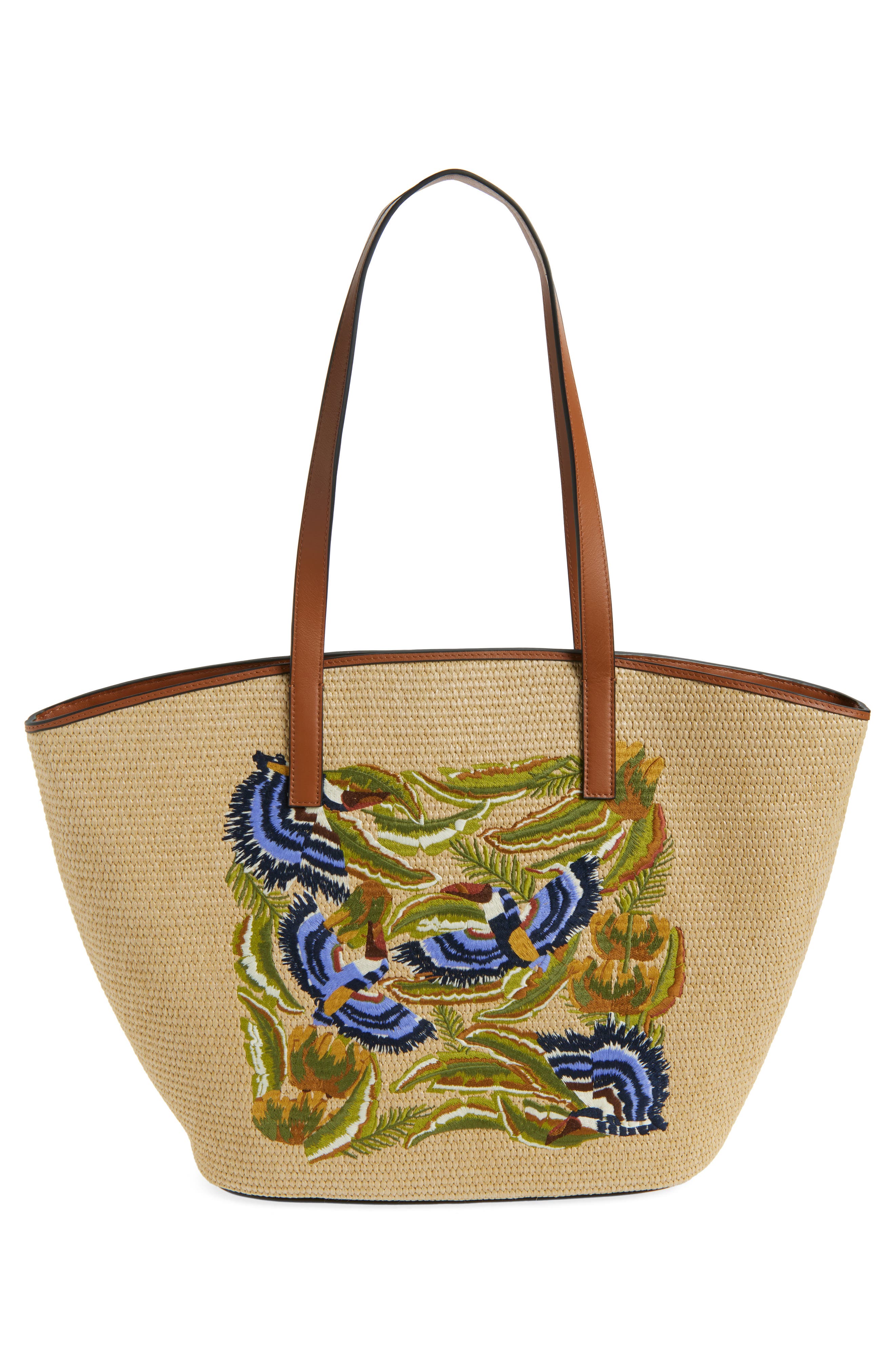 FARM Rio Large Embroidered Raffia Basket Tote, Alternate, color, Sunny Paradise Embroidery