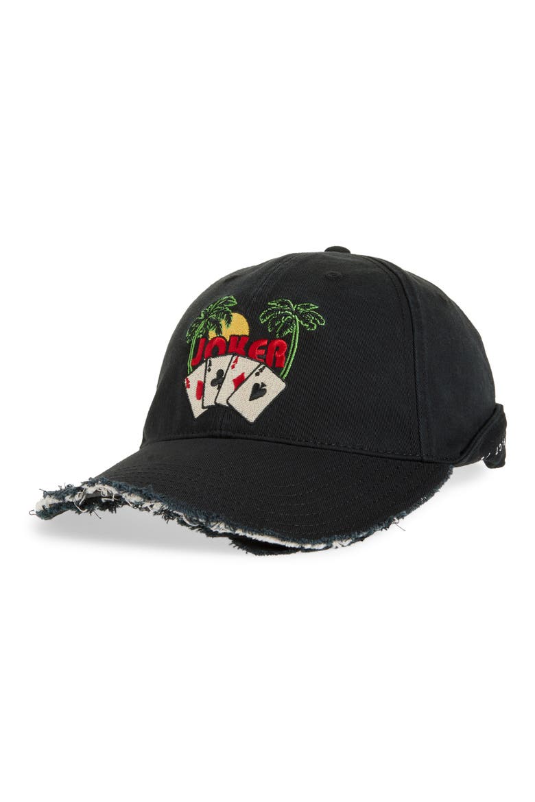 Roll Back Distressed Embroidered Adjustable Baseball Cap, Main, color, BLACK