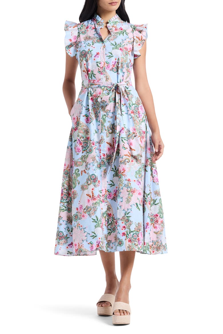 Sadie Floral Paisley Cap Sleeve Cotton Shirtdress, Main, color, BLUE MULTI