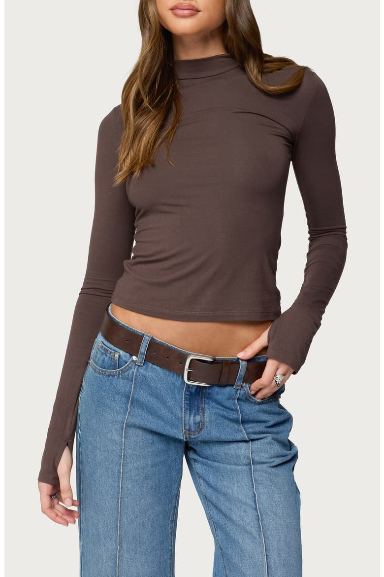 Binta Crop Long Sleeve Mock Neck Top, Main, color, BROWN