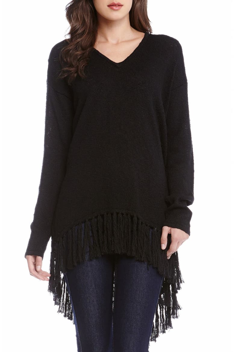 Fringed High/Low Sweater, Main, color, BLACK