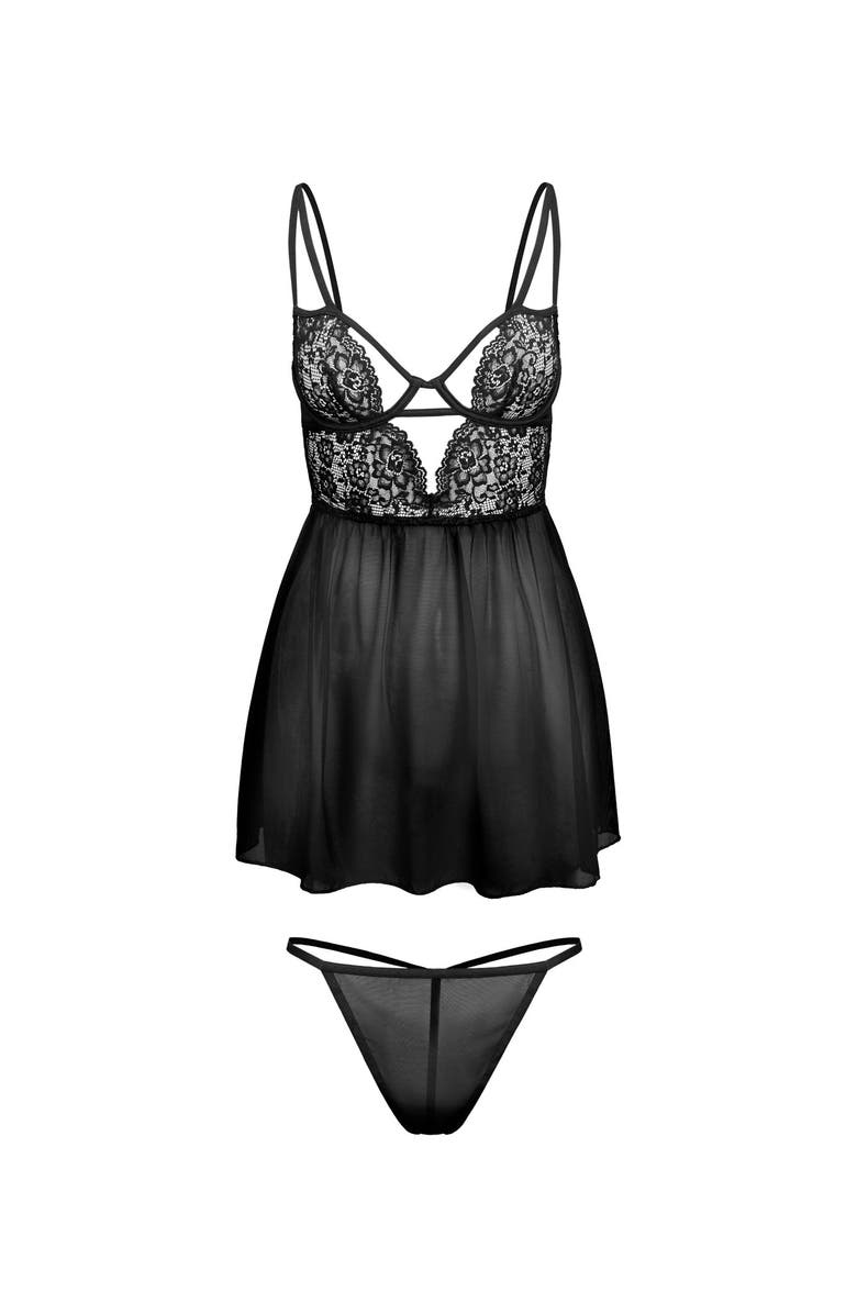 Adore Me Rae Unlined Babydoll & G-String Set Lingerie, Alternate, color, Black