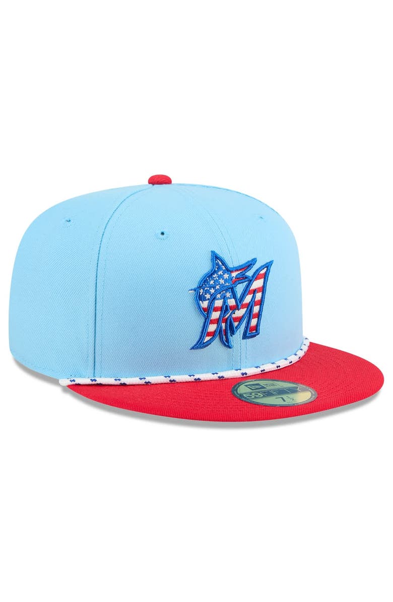 New Era Men's New Era Light Blue/Red Miami Marlins 2025 Fourth of July 59FIFTY Fitted Hat, Alternate, color, Light Blue