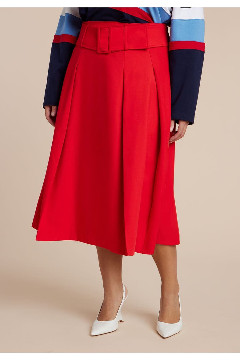 Pleated Belted Midi Skirt, Alternate, color, RED