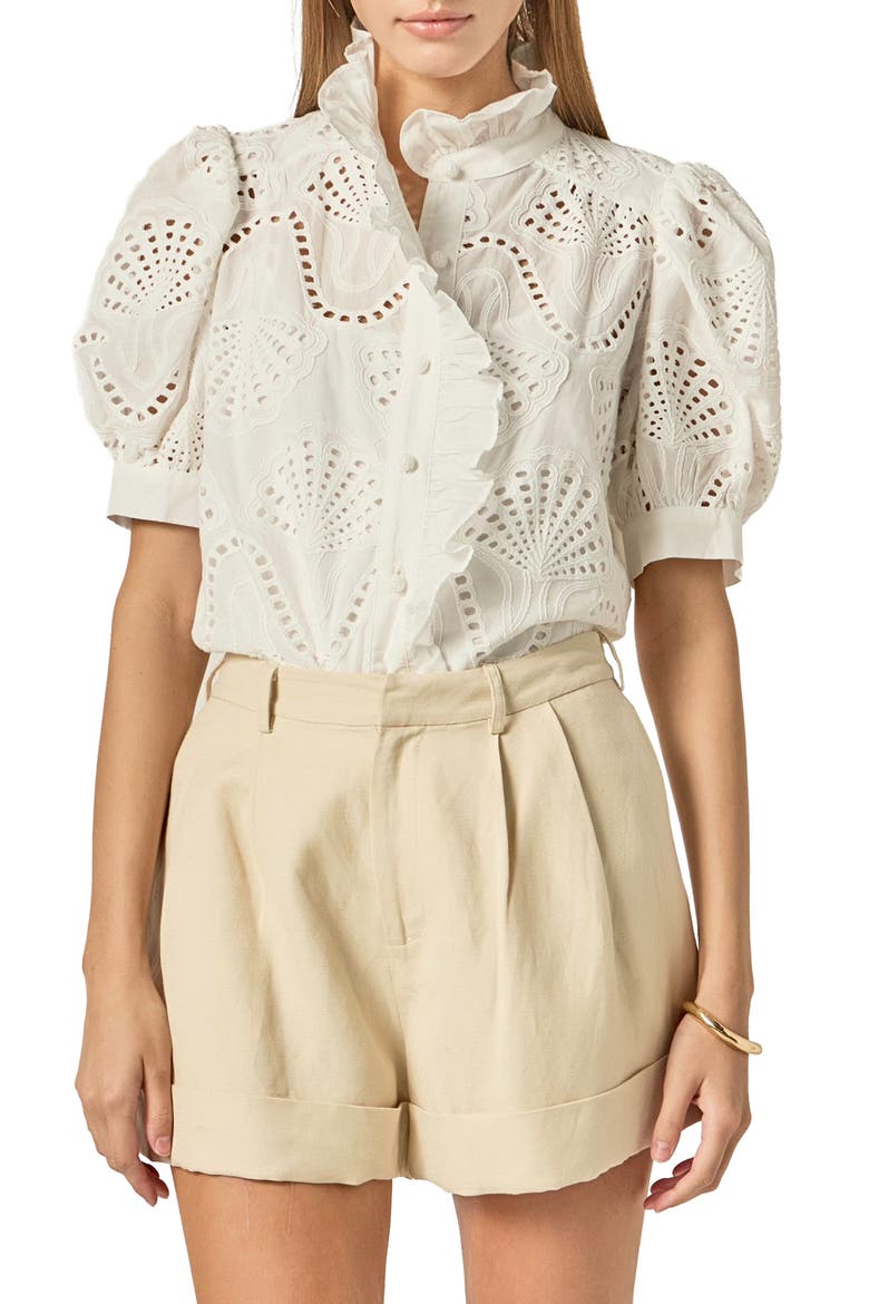 Embroidered Ruffle Short Sleeve Eyelet Shirt, Main, color, WHITE
