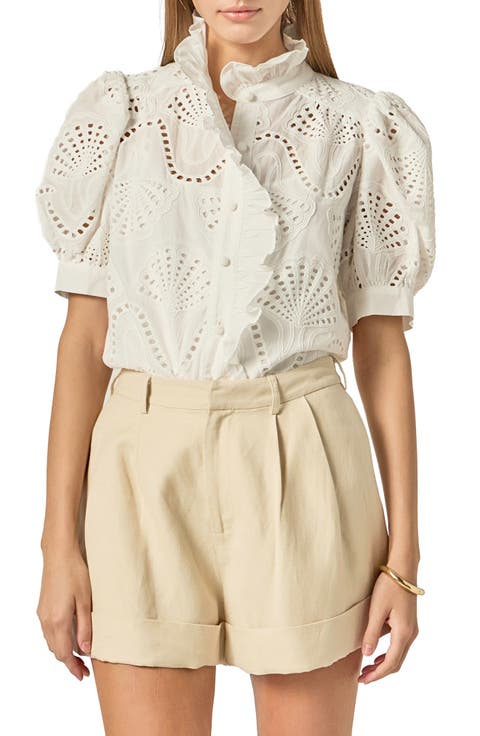 Embroidered Ruffle Short Sleeve Eyelet Shirt