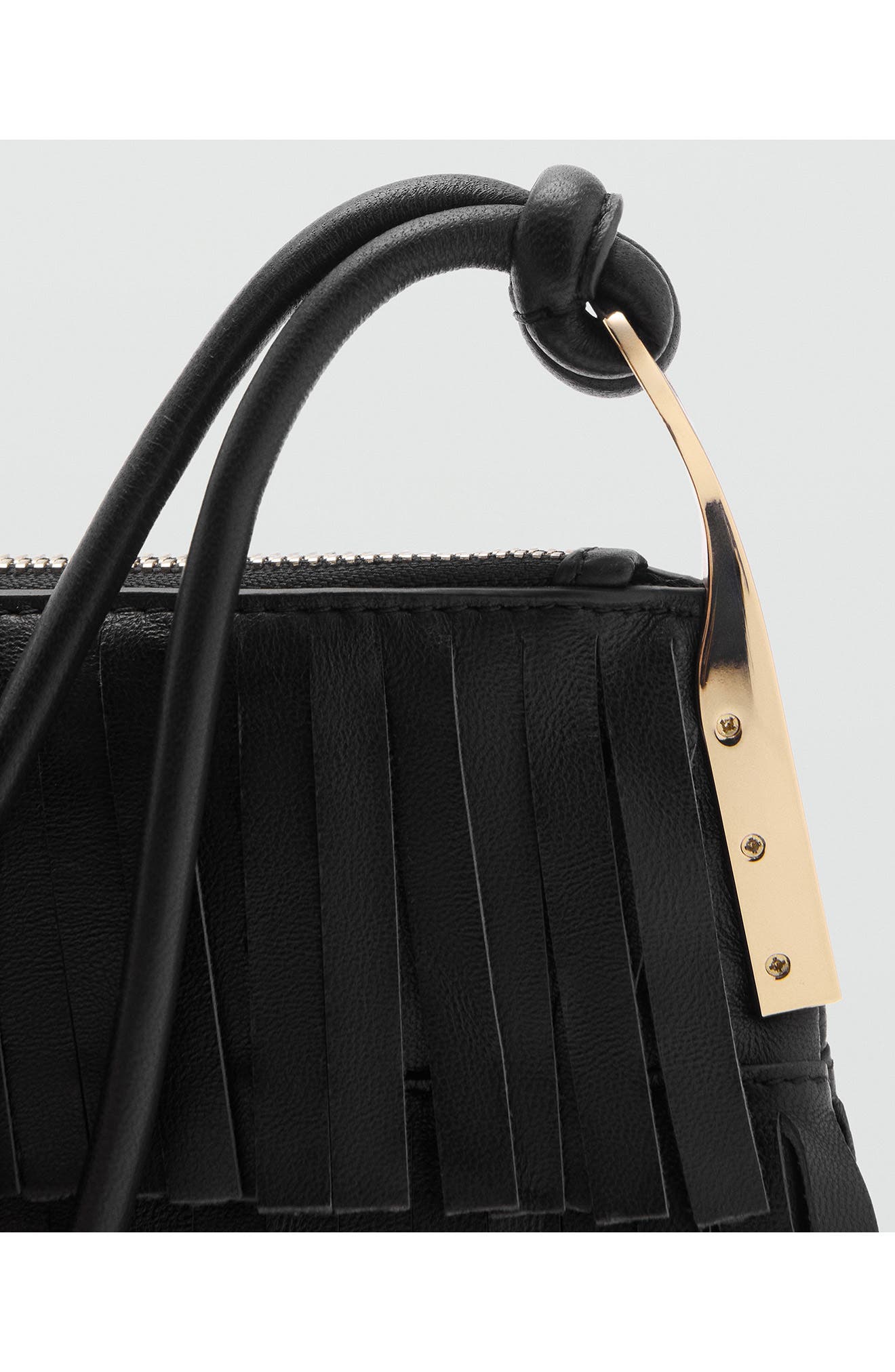 MANGO Fringe Leather Shoulder Bag, Alternate, color, Black