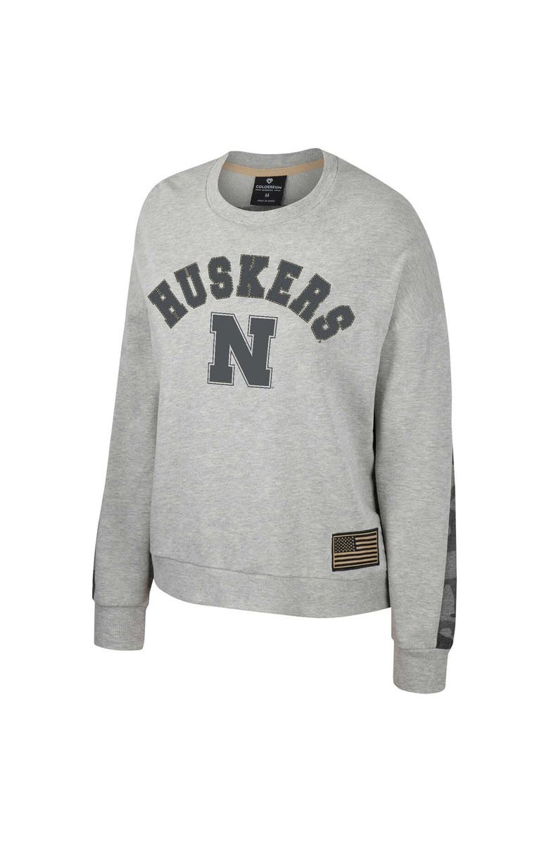 COLOSSEUM Women's Colosseum Heather Gray Nebraska Huskers OHT Military Appreciation Flag Rank Dolman Pullover Sweatshirt, Alternate, color, Heather Gray