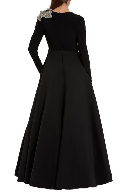 Mac Duggal Long Sleeve Taffeta Embellished 3d Flower Detail Ball Gown In Black