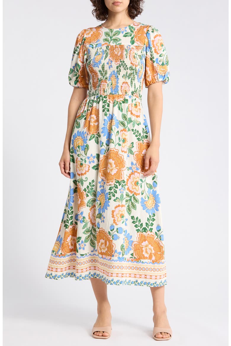 Floral Puff Sleeve Smocked A-Line Midi Dress, Main, color, MARSHMALLOW SUMMER BLOOMS
