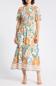 Ellen Tracy Floral Puff Sleeve Smocked A-Line Midi Dress