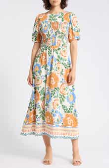 Ellen Tracy Floral Puff Sleeve Smocked A-Line Midi Dress