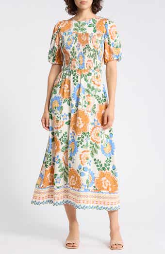 Ellen Tracy Floral Puff Sleeve Smocked A-Line Midi Dress