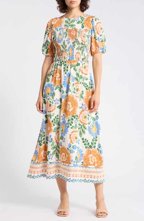 Ellen Tracy Floral Puff Sleeve Smocked A-Line Midi Dress