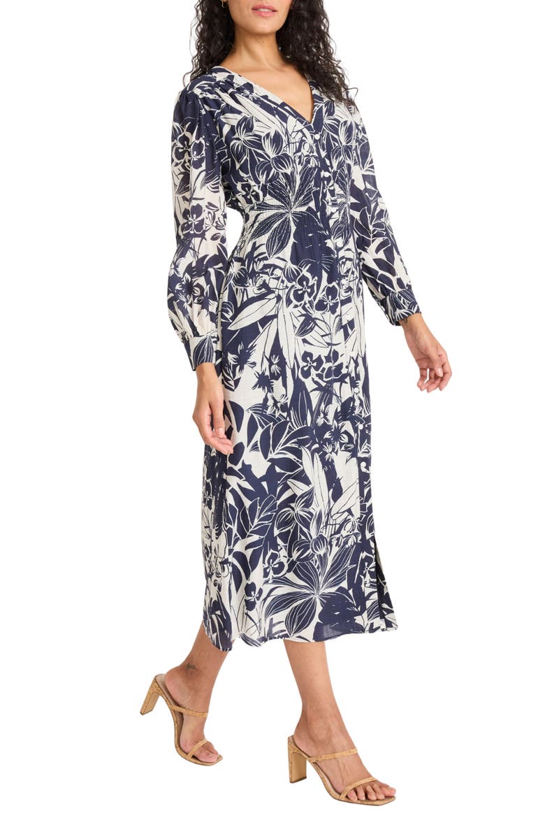 Long Sleeve Button-Up Midi Dress, Alternate, color, NAVY/ IVORY