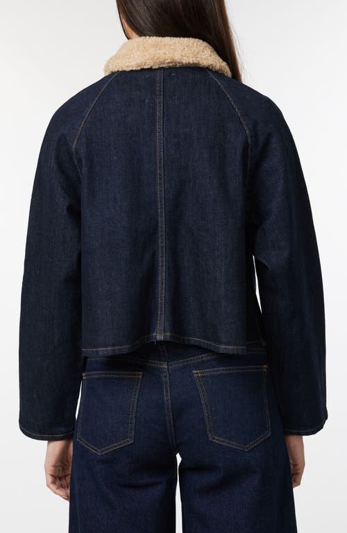 Habitual Faux Shearling Collar Crop Barn Jacket In Blue