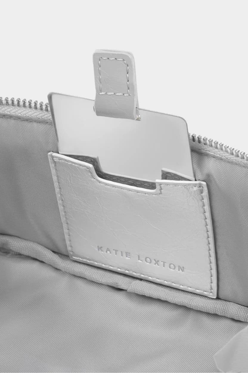 Patent Crackle Fold-Out Mirror Makeup Bag in Silver, Alternate, color, Silver