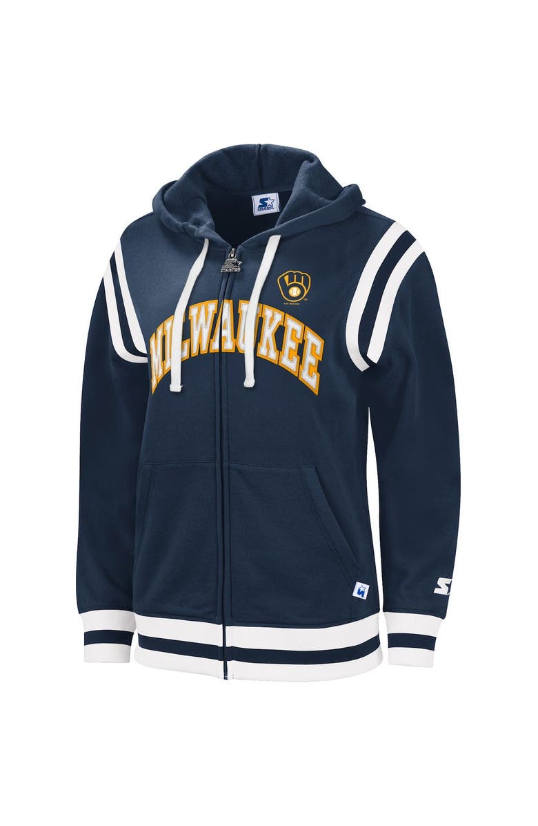 STARTER Women's Starter Navy Milwaukee Brewers Vintage Full-Zip Hoodie, Main, color, 